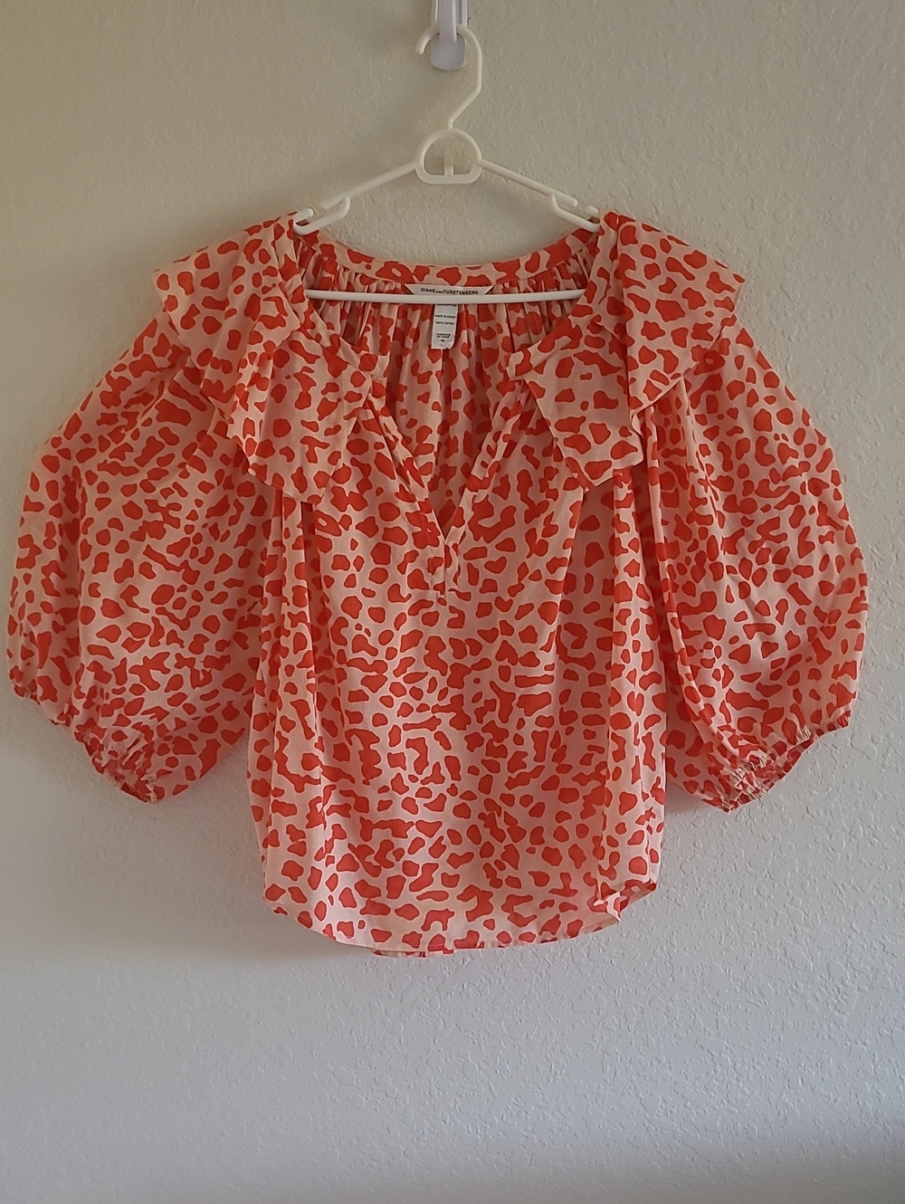 Diane Von Furstenberg Baby Doll Tangerine Leopard PuffSleeve Ruffle Blouse Sz 12